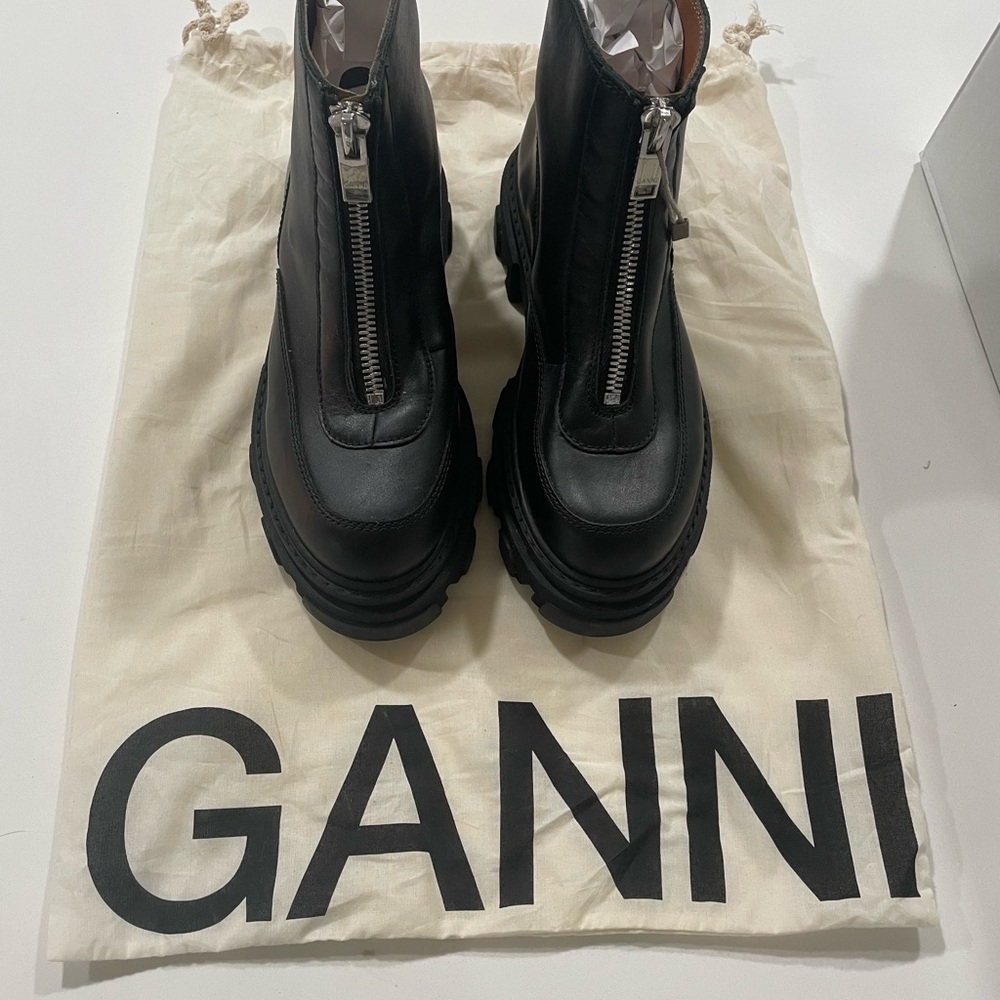 Ganni Black Leather Front Zip Boots